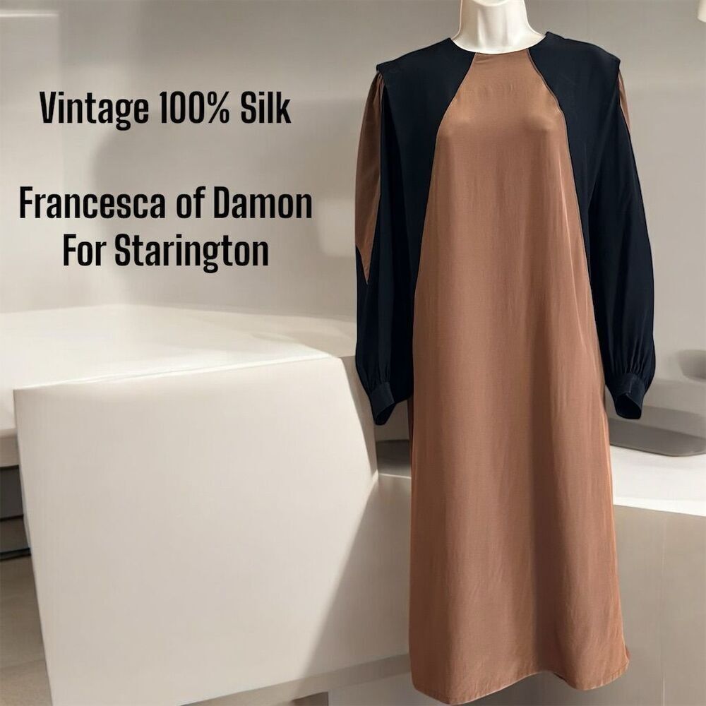 Vintage Francesca of Damon Tan Black Long Sleeve Silk Dress Modest Color Block